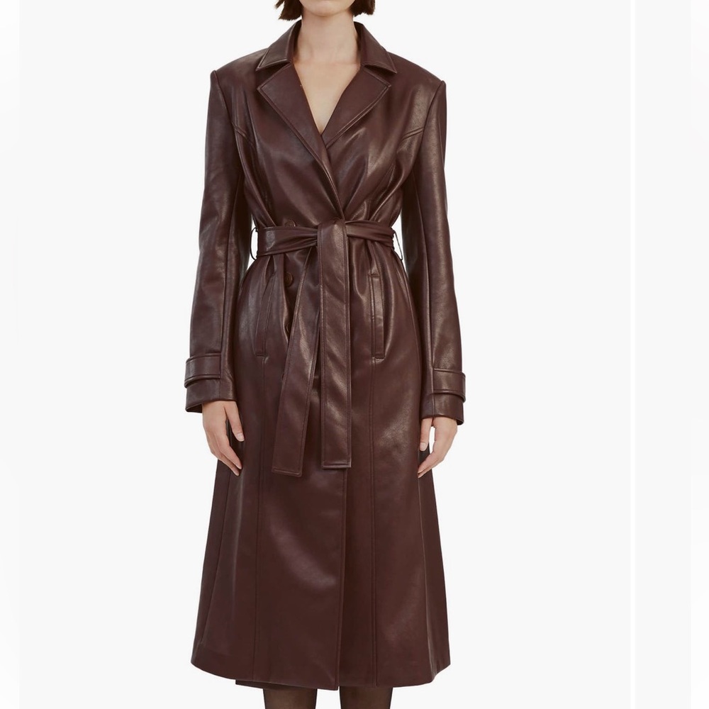 Bardot Brown Leather Double-Breasted Trench Coat